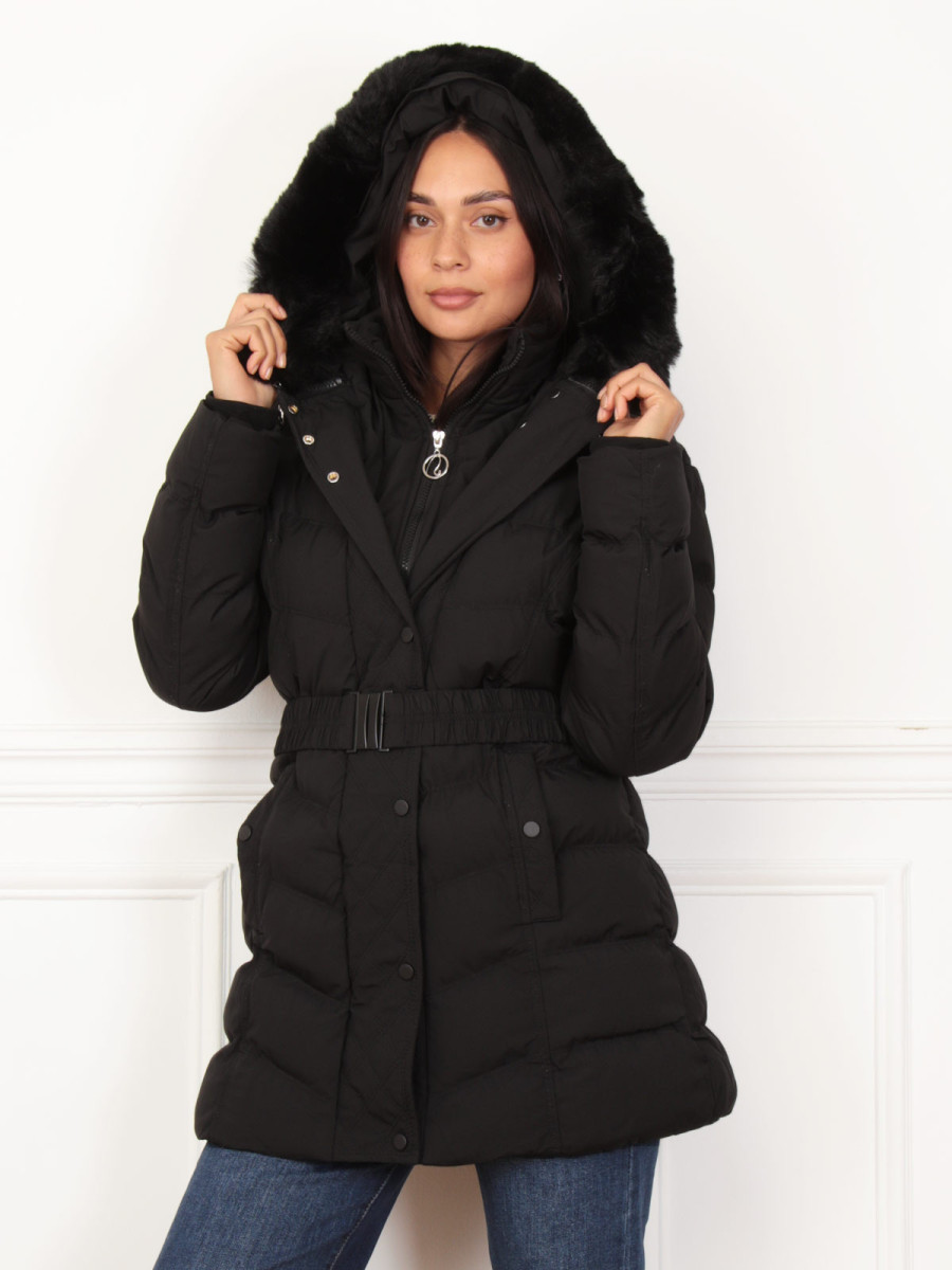 Doudoune à capuche fausse fourrure ceinturée noire