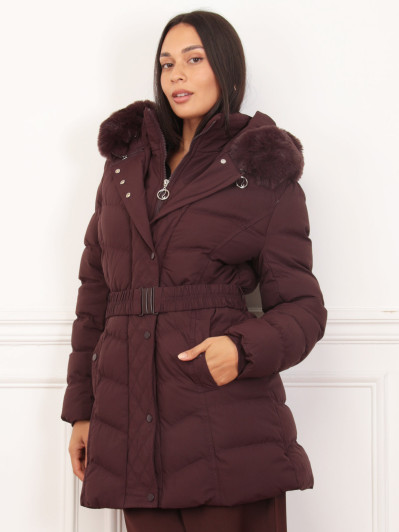 Doudoune à capuche fausse fourrure ceinturée