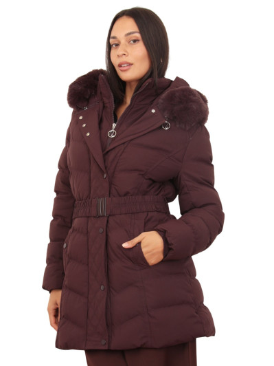 Doudoune à capuche fausse fourrure ceinturée