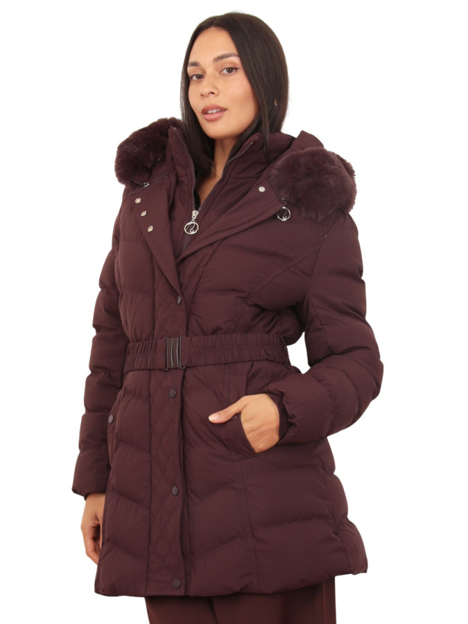 Doudoune à capuche fausse fourrure ceinturée