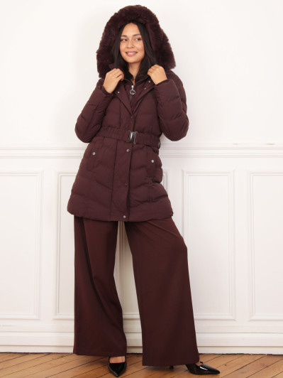 Doudoune à capuche fausse fourrure ceinturée