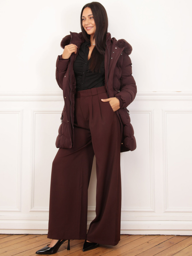 Doudoune à capuche fausse fourrure ceinturée