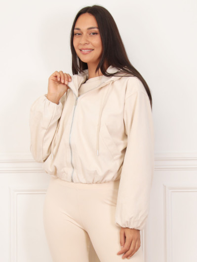 Bomber zippée en suédine beige et à capuche