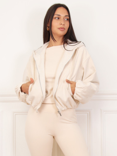 Bomber zippée en suédine beige et à capuche