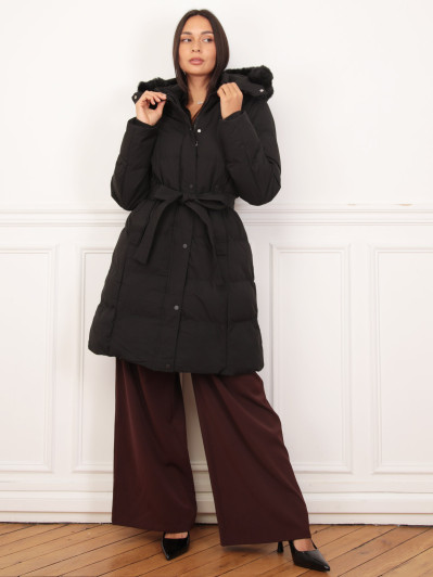 Doudoune ceinturé noire à capuche amovible