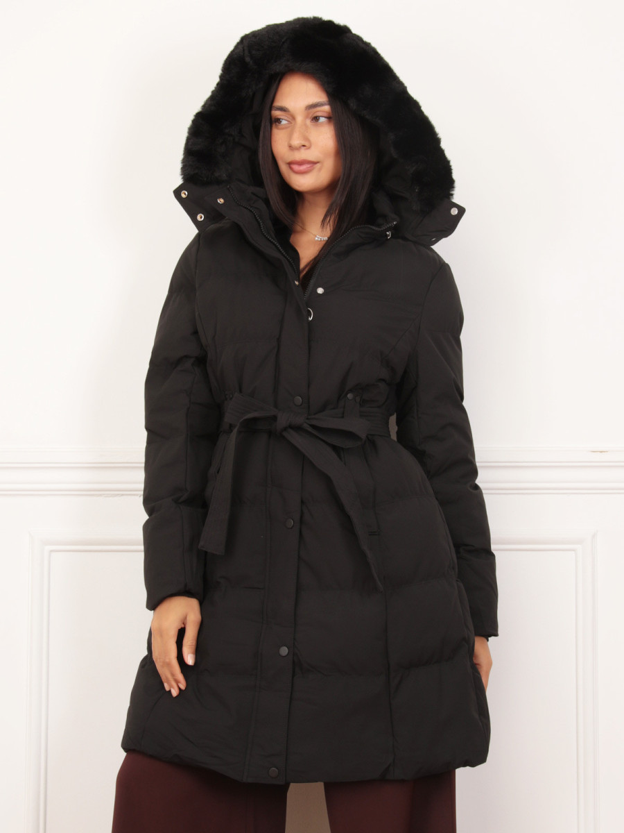 Doudoune ceinturé noire à capuche amovible