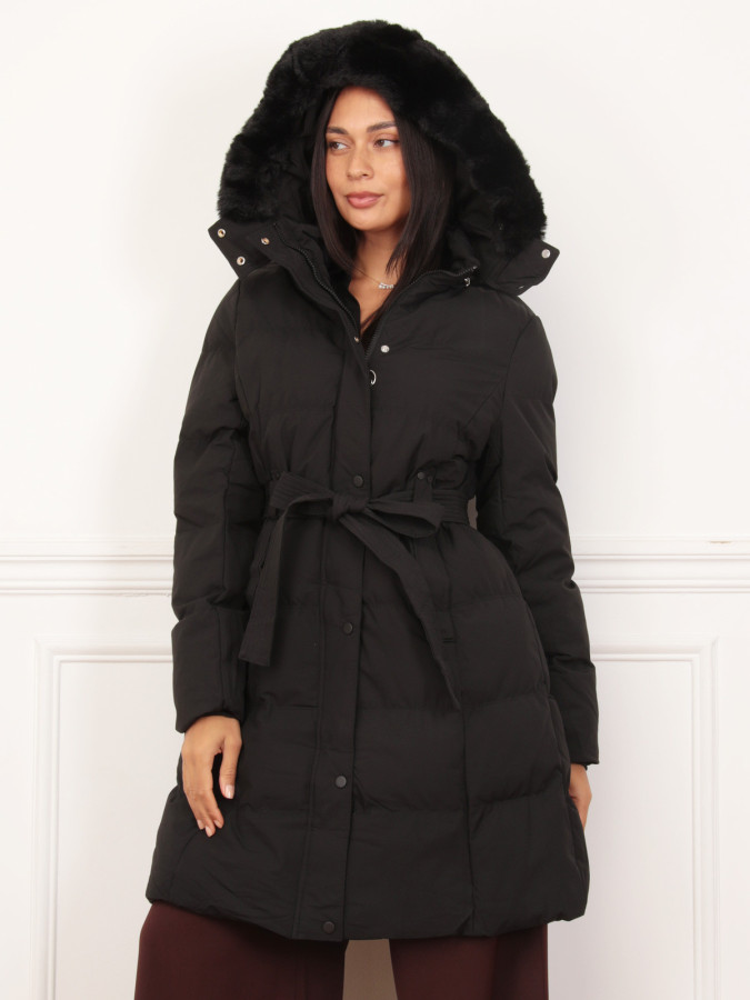 Doudoune ceinturé noire à capuche amovible