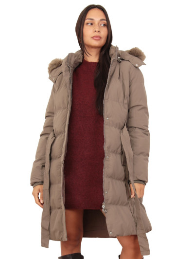 Doudoune ceinturé taupe à capuche amovible