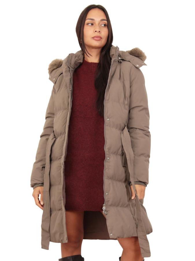 Doudoune ceinturé taupe à capuche amovible