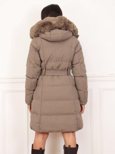 Doudoune ceinturé taupe à capuche amovible