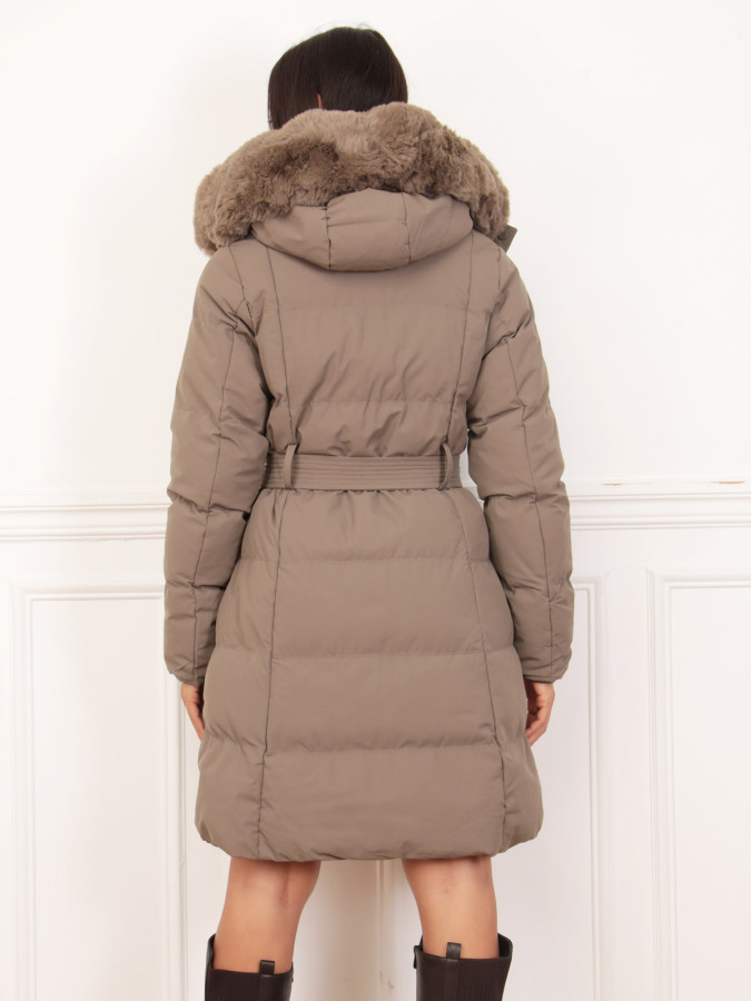 Doudoune ceinturé taupe à capuche amovible