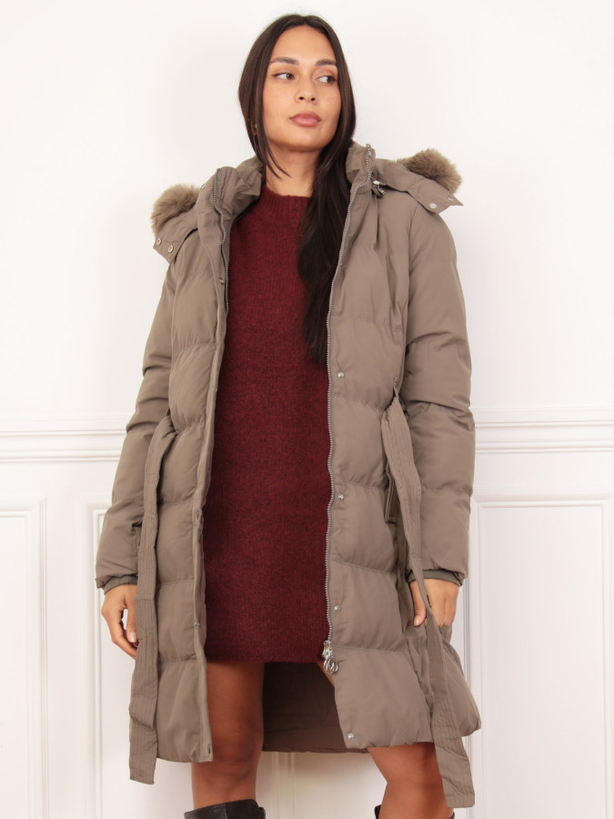 Doudoune ceinturé taupe à capuche amovible