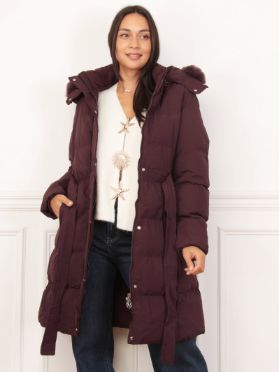 Doudoune ceinturé bordeaux à capuche amovible