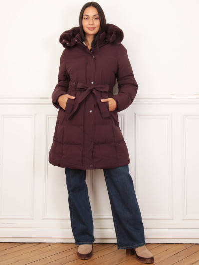 Doudoune ceinturé bordeaux à capuche amovible