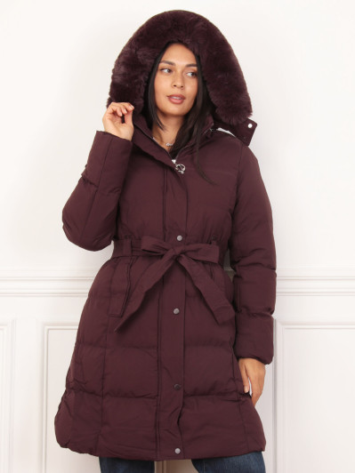 Doudoune ceinturé bordeaux à capuche amovible