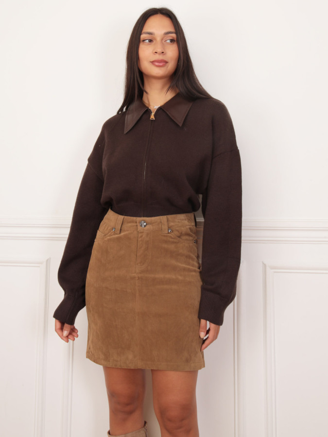 Gilet zippé marron à col simili