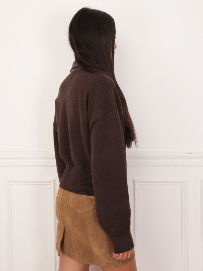 Gilet zippé marron à col simili