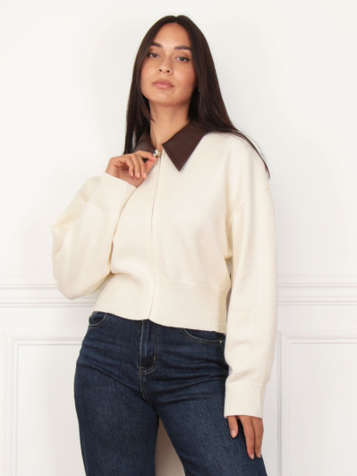 Gilet zippé blanc à col simili