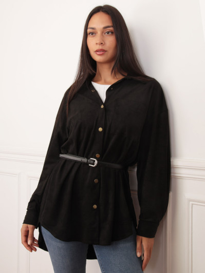 Chemise longue en suédine noire