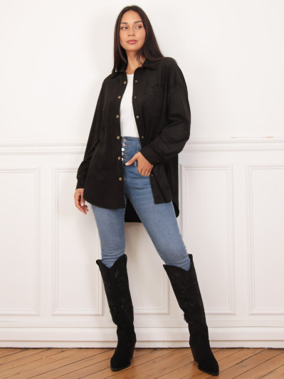 Chemise longue en suédine noire