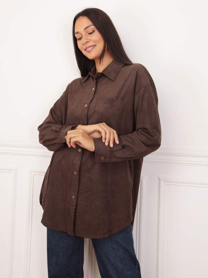 Chemise longue en suédine marron