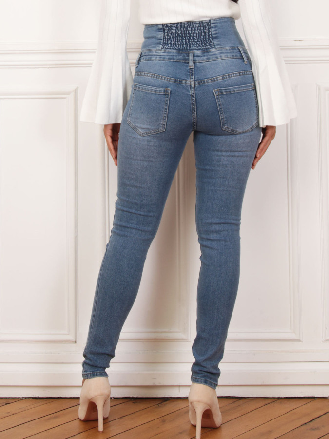 Jeans skinny bleu taille haute à boutons