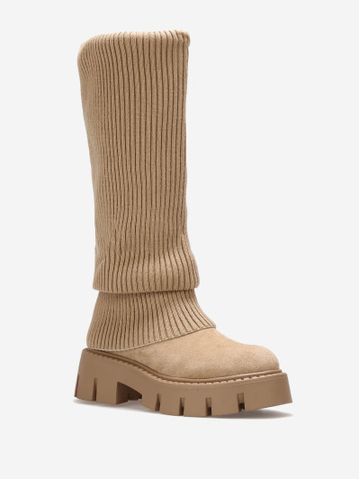Bottes en maille cotelée taupe et plateforme chunky
