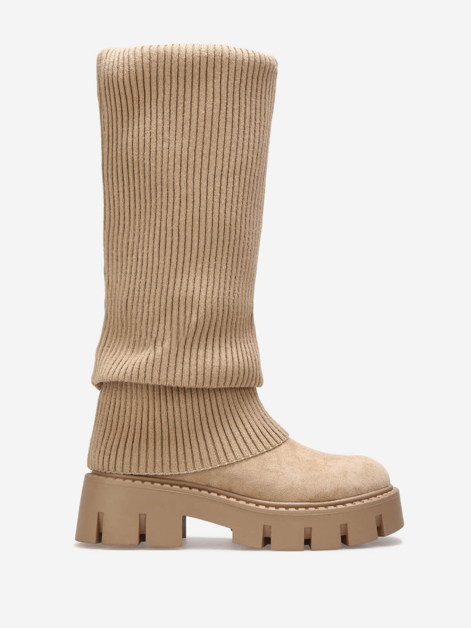 Bottes en maille cotelée taupe et plateforme chunky