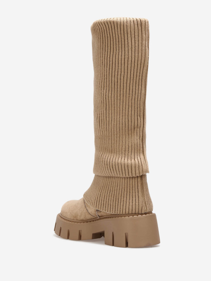 Bottes en maille cotelée taupe et plateforme chunky