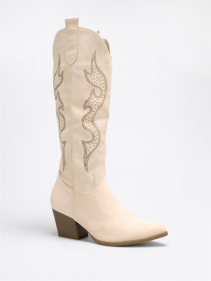 Santiags beiges à motifs ajourés et en strass
