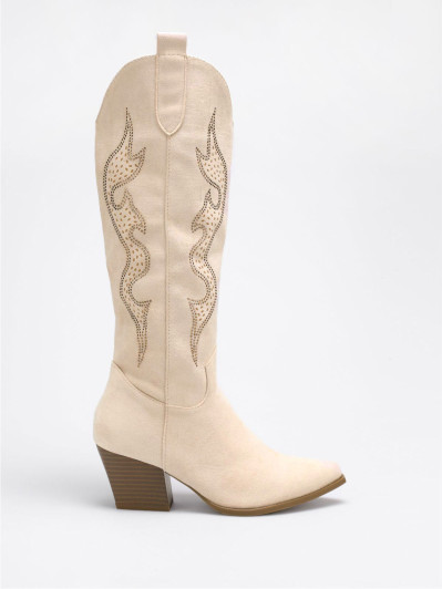 Santiags beiges à motifs ajourés et en strass