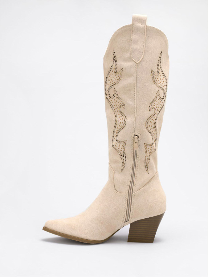 Santiags beiges à motifs ajourés et en strass