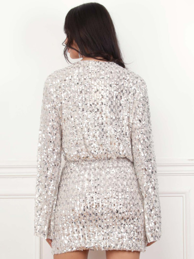 Robe cache-cœur beige à sequins argenté