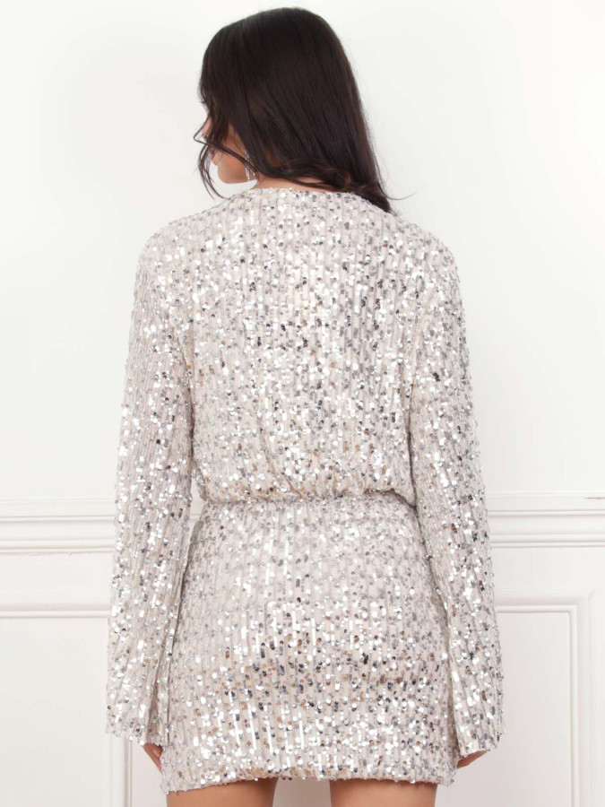 Robe cache-cœur beige à sequins argenté