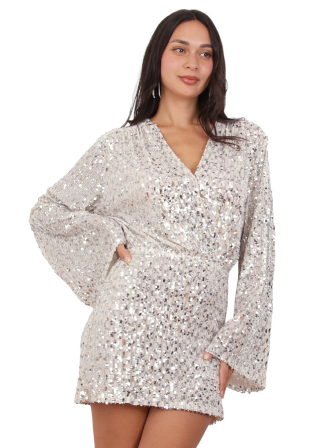 Robe cache-cœur beige à sequins argenté
