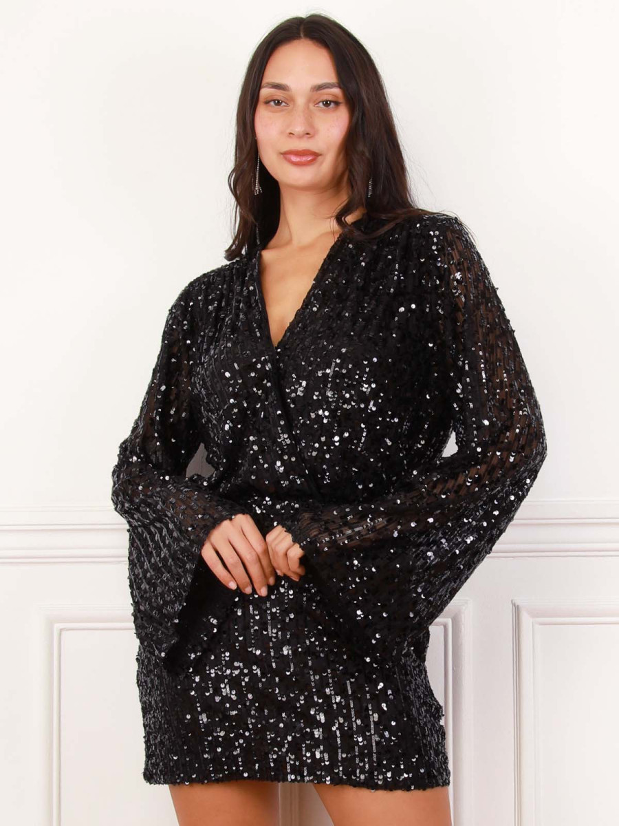Robe cache-cœur noire à sequins