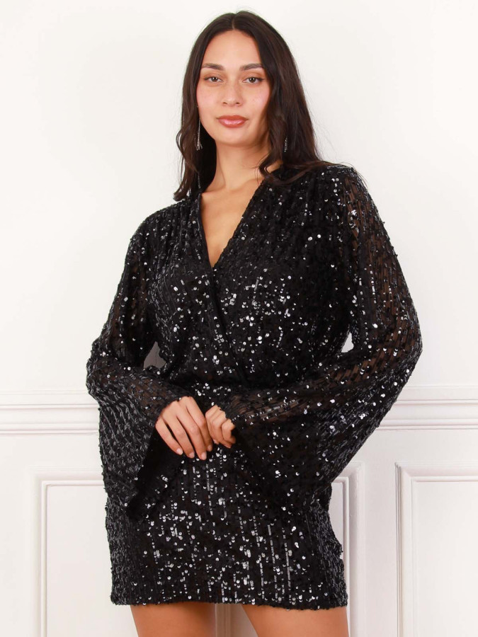 Robe cache-cœur noire à sequins