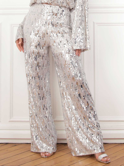 Pantalon large beige à sequins argentés