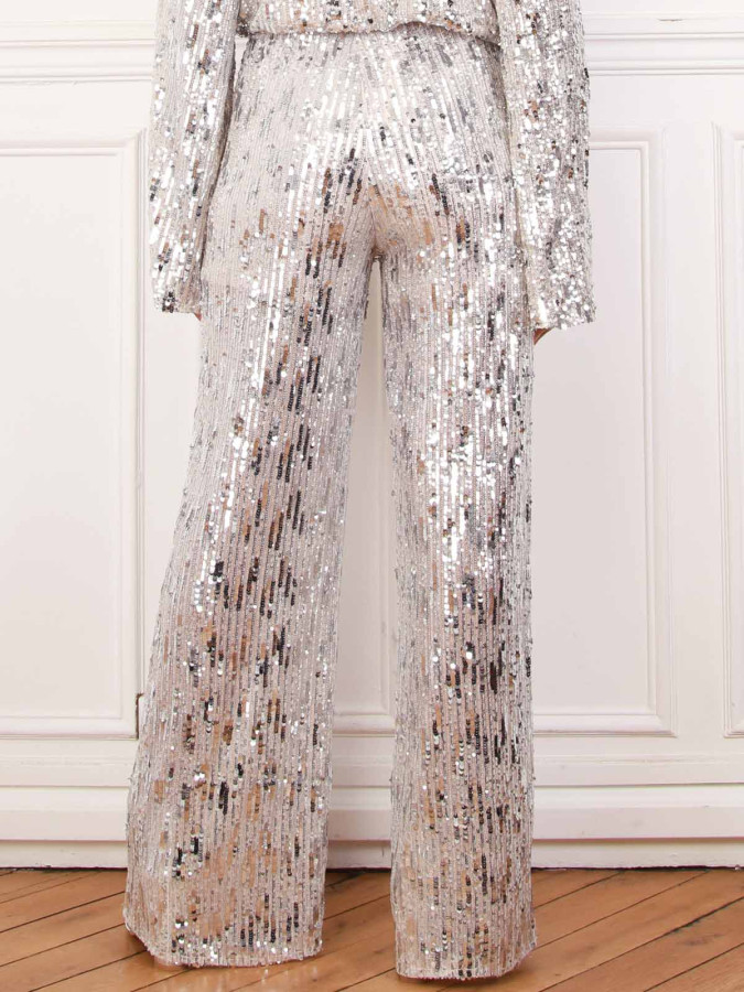 Pantalon large beige à sequins argentés