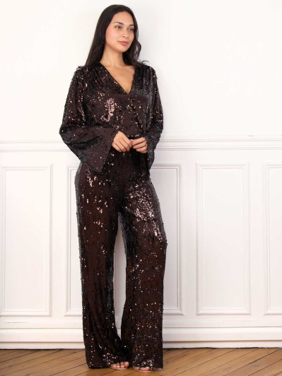 Pantalon large marron à sequins