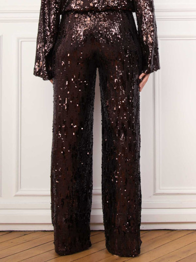 Pantalon large marron à sequins