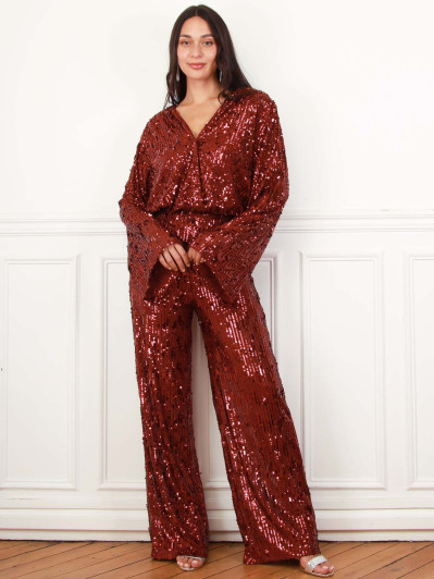 Pantalon large bordeaux à sequins