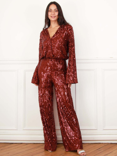 Pantalon large bordeaux à sequins