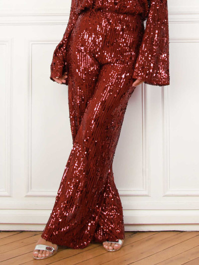 Pantalon large bordeaux à sequins