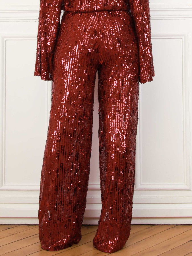 Pantalon large bordeaux à sequins
