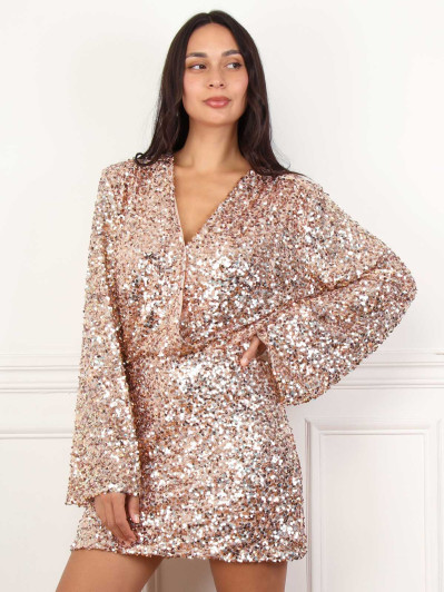 Robe sequins à manches évasées rose