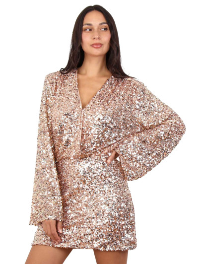 Robe sequins à manches évasées rose