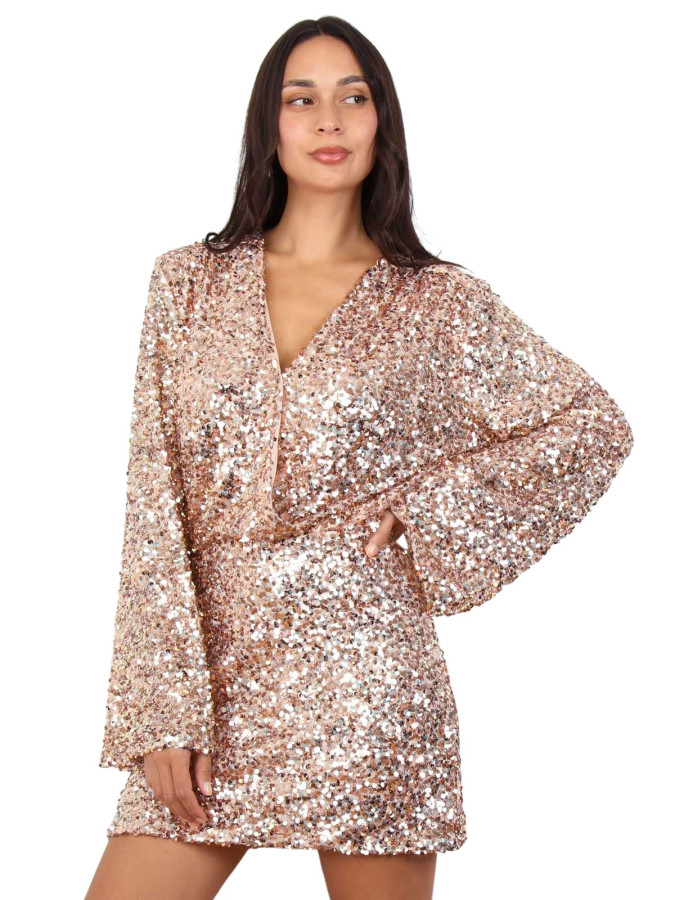 Robe sequins à manches évasées rose
