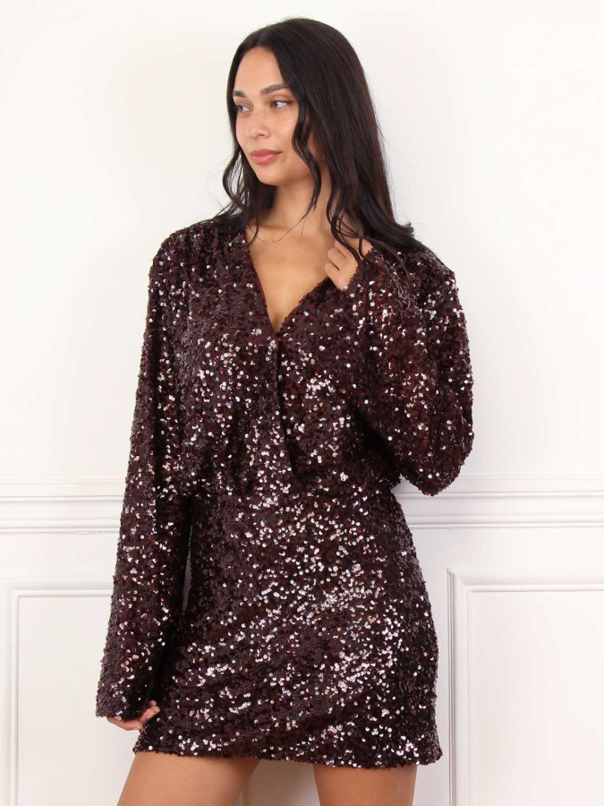 Robe sequins à manches évasées bordeaux