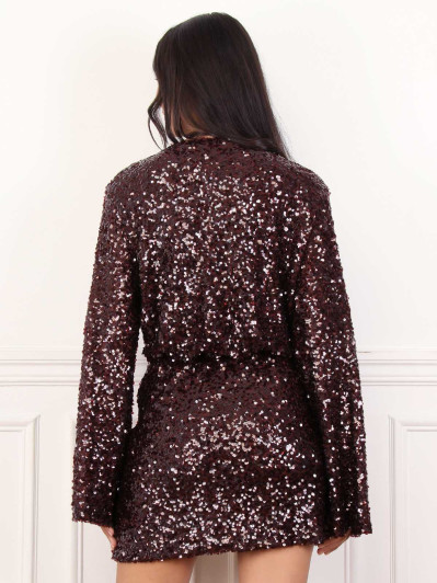 Robe sequins à manches évasées bordeaux